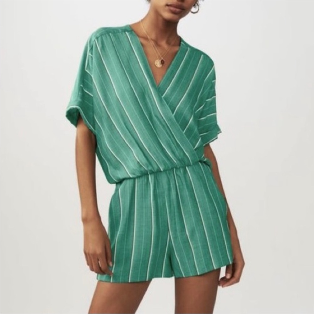 Maje Striped V-Neck Romper in Green